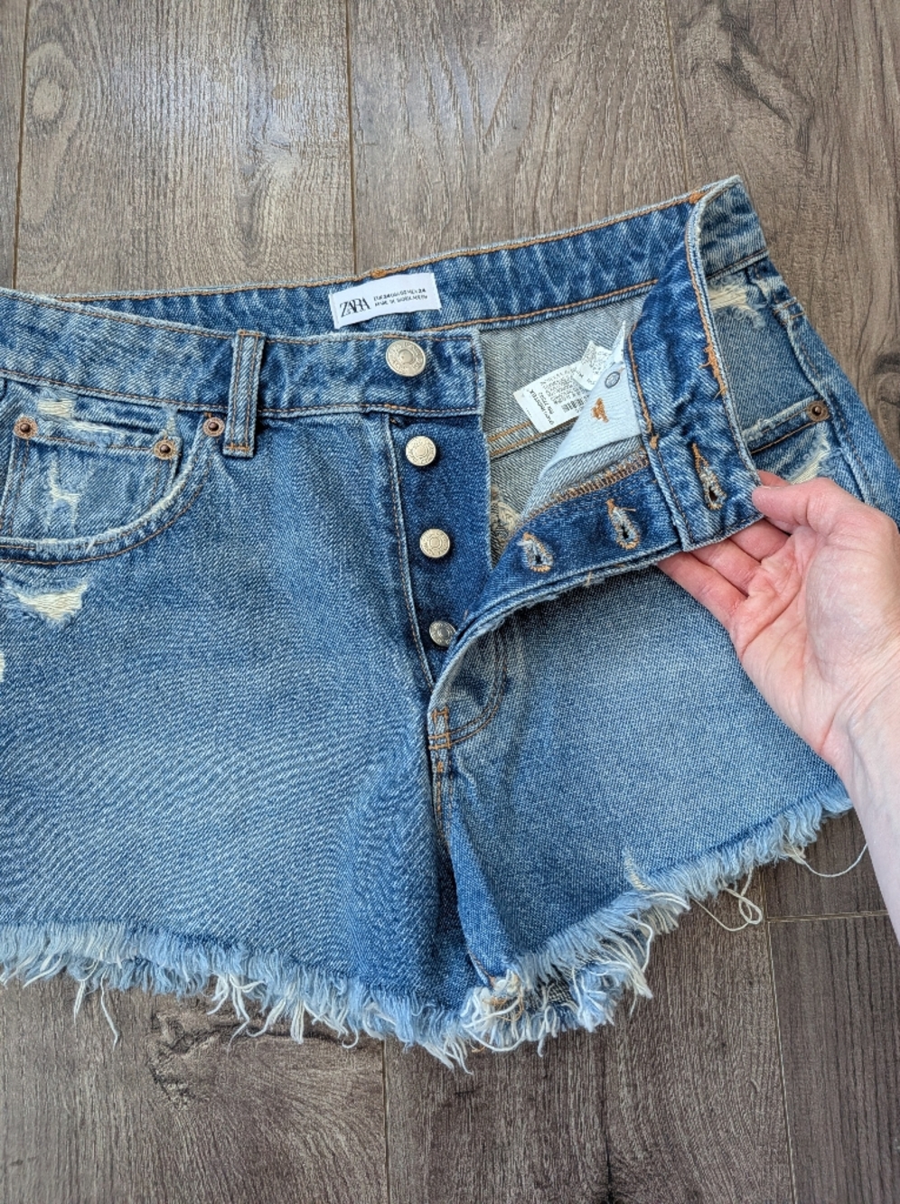 ZARA Y2K Medium Wash Blue High-Rise Distressed Jean Shorts Button Fly - Picture 4 of 9